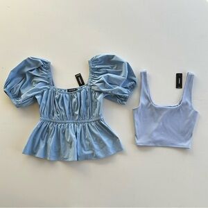 Express Body Contour Tank Crop Top Puff Sleeve Shirt Blue Lot Women’s Small NWT